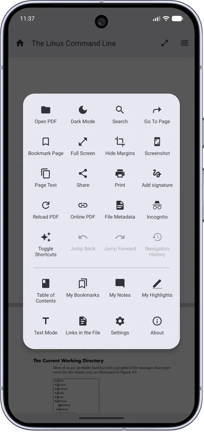 MJ PDF 3.1.0 reader menu with options such as Search, Go To Page, Full Screen, Text Mode, Table of Contents, Bookmarks, Notes and Highlights