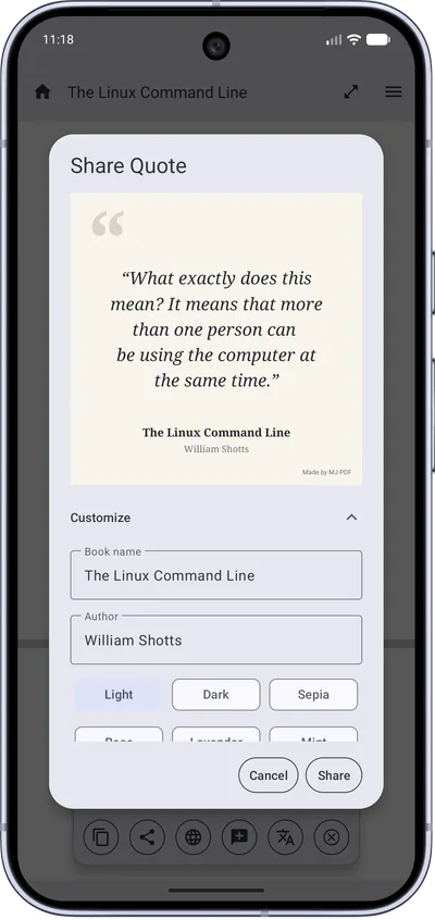 MJ PDF 3.1.0 Share Quote dialog previewing a quote card with the book name and author and light, dark and sepia themes