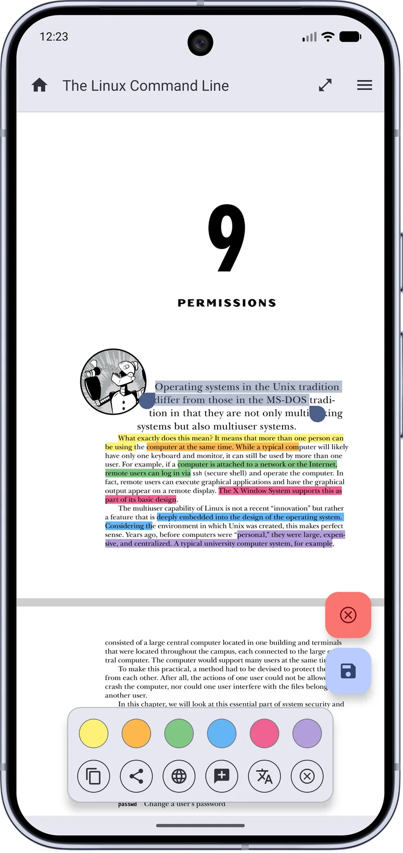 MJ PDF 3.1.0 showing selected text and several highlight colors on a PDF page, with a color and action bar
